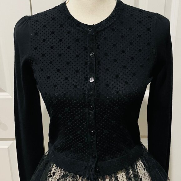 RED VALENTINO BLACK SWISS DOT AND LACE PEPLUM CARDIGAN - Picture 2 of 5